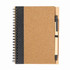 A cork-covered notebook with a black side and a black pen attached, featuring a spiral binding.