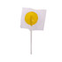 A yellow lollipop on a white stick, wrapped in clear plastic. It features a simple design without additional branding.