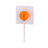 An orange lollipop wrapped in clear plastic, with a white stick.