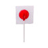 A red lollipop on a white stick, individually wrapped in clear plastic.