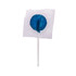 An assorted colour lollipop with a blue candy sphere and a white stick.