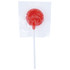 A red lollipop packaged in clear plastic with a white stick.
