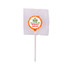 An orange lollipop on a white stick, wrapped in clear plastic, with a logo on the top.