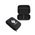 A small black zipper case with a textured interior and a mesh pocket, featuring a logo.