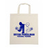 A natural-coloured calico bag featuring a blue graphic of two figures with dumbbells, and a logo.