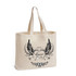 A cream calico bag with a gusset and a decorative black print featuring wings and a heart design. It has two short handles and a logo.