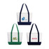 Three medium canvas tote bags in white with navy and green accents, featuring logos on the front.