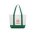 A medium canvas tote bag in white and green, featuring a logo on the front.