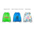 Three drawstring bags in bright green, blue, and a patterned design, each featuring a logo or branding.