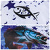 A fishing shirt featuring a black fish design and abstract blue stars on a white background.