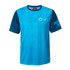 A blue and teal 100% polyester sublimated tee shirt with short sleeves and a logo on the front.