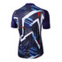 A unisex cycling jersey featuring a stand collar and raglan short sleeves, in blue, purple, and red geometric patterns.