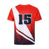 A red and white sublimated football jersey featuring a large number 15. The jersey has a textured design and includes a logo.