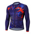 A men's long sleeve cycling jersey featuring a vibrant blue and red splatter design with a logo.