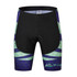 Men's cycling shorts featuring a black base with green and purple patterned accents, and a logo. Designed for sports use.