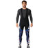 Men's cycling bib tights in navy and black with a subtle patterned design, featuring shoulder straps and a branding logo.
