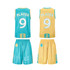 A reversible basketball uniform featuring a turquoise and yellow design, with shorts and a sleeveless jersey displaying a number 9.