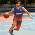 A reversible basketball singlet in blue and orange, featuring a logo, worn by a male model on a court.