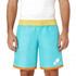 Men's polyester beach shorts in turquoise with orange and yellow accents, featuring a logo on the leg.