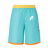 Men's polyester sublimated beach shorts in teal, featuring a yellow waistband and orange trim, with a logo.