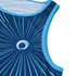 A blue and aqua singlet with a circular logo and a vibrant radial design.