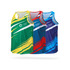 Three 100% polyester sublimated sports singlets in green, red, and blue, featuring a logo on each.