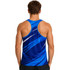 A blue sublimated sports singlet with dynamic patterns, featuring a logo on the back.