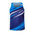 A blue and navy 100% polyester sublimated sports singlet with a dynamic pattern and a logo.