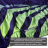 A purple and green men's sublimated cycling vest with reflective elements and three standard back pockets.