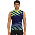 A men's sublimated cycling vest featuring a navy blue and green design, with a logo on the front and no sleeves.