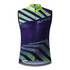 A sleeveless cycling vest in purple and green with a geometric pattern and a front zipper, featuring a logo.