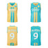 A reversible basketball singlet in yellow and turquoise, featuring stripes and a logo, with numbered player options.