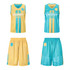 A reversible basketball singlet in aqua and yellow, featuring a logo, with matching shorts in the same colour scheme.