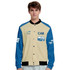A unisex polyester varsity jacket featuring a cream and blue design with graphics and a logo.