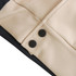 A unisex varsity jacket featuring a black and beige colour scheme, with button details and a smooth fabric finish.