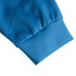 A close-up of the cuff of a blue polyester varsity jacket featuring a stretchy hem.