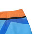 Knee-length swim shorts in blue and orange, featuring a sleek design with a waistband and a logo.