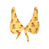 A yellow bikini top featuring a tropical print with palm trees and the text "BEACH VIEW." It has a tie at the front and a logo.