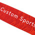 A red sports headband featuring a wavy pattern and prominent text. It has a logo or branding displayed on it.