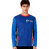A men's long-sleeved T-shirt in blue, featuring red accents and a logo on the chest. Made from polyester and spandex.