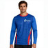 A long-sleeved T-shirt in blue with red accents, featuring a logo on the chest. Made from polyester and spandex.