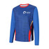 A long-sleeved t-shirt in blue with red and yellow accents, featuring a logo on the front.