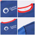 A blue long-sleeved T-shirt with a red collar, featuring a logo on the front and back. Made of polyester and spandex.