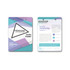 A medium-sized printed name tag featuring a geometric design in shades of blue, purple, and white, with a hole for attachment.