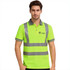 A hi-vis reflective polo shirt in bright lime green with grey accents and a logo on the chest.