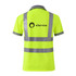 A bright yellow unisex polyester polo shirt with reflective strips and a logo on the back.