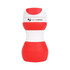 A drink bottle made of silicone, featuring a collapsible design, primarily red and white, with a logo on it.