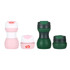 A drink bottle collection featuring a pink and white collapsible silicone coffee cup, and green and black variants. Includes logos.