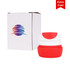 A collapsible silicone coffee travel cup in red and white, displayed with its packaging featuring a logo.