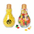 A drink bottle shaped like a bulb, featuring a transparent glass body and a gold lid, filled with colourful jelly beans.